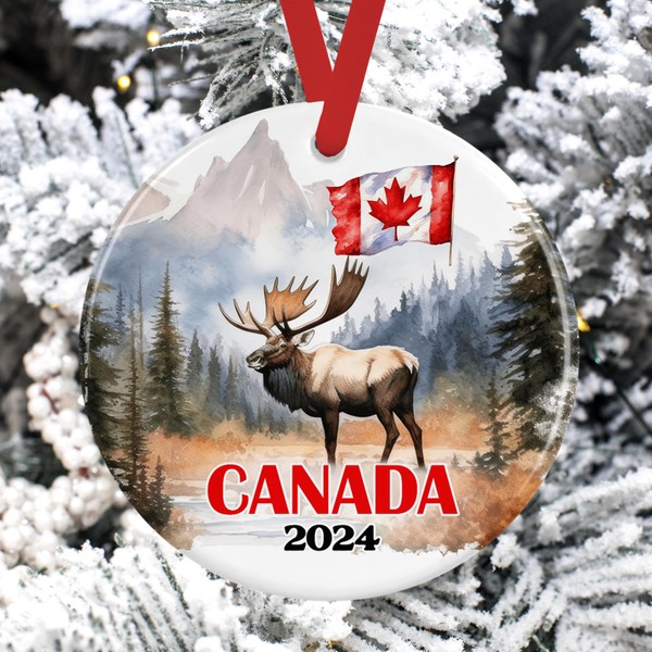 2024 Canada Christmas Ornament, Round Ceramic and Comes with Red