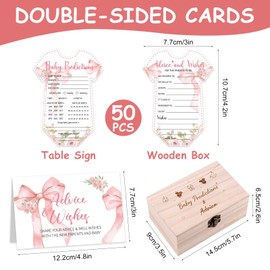 PIAOPIAONIU 50 Pcs Pink Bow Baby Shower Predictions and Advice Cards for New Parents 1 Wooden Wishes Box 1 Table Sign Gender Reveal Party Games Decorations for Girl Celebrations