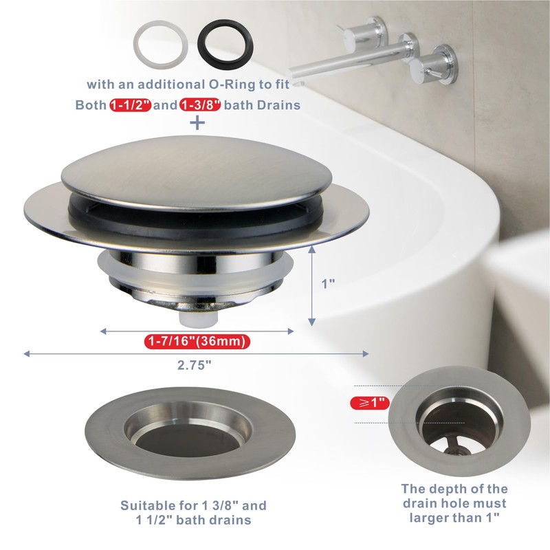 Brushed Bathtub Drain Stopper,Universal Pop Up Bath Drain, Hidrop Tip