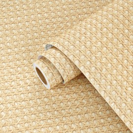 Wallercity Brown/Yellow Rattan Peel and Stick Wallpaper Basket Weave Rattan Contact Paper for Cabinets Drawer Liner 15.8''x118'' Vinyl Faux Boho Fabric Cane Weave Wall Paper for Bedroom Living Room
