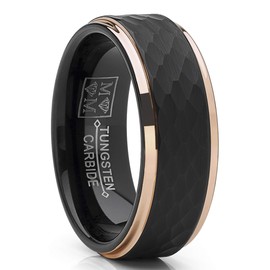 Metal Masters Co. Men's Tungsten Carbide Wedding Ring Black and Rose Goldtone Hammered Band 10