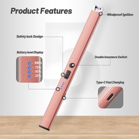 VEHHE Rechargeable Lighter, Windproof Flameless Extended Electric Candle Lighter with Anti-False-Touch Lock, USB Type C Arc Lighter with Led Display, for Birthdays BBQ Camping-Rose Gold
