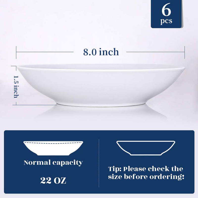 Y YHY 8" Pasta Bowls Set for 6, Porcelain 22oz