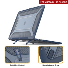 Punkcase for MacBook Pro 14 Case Hard Shell Cover | Clear Military Heavy Duty Rugged Sleeve with Kickstand | Ultimate Protection for MacBook Pro 14 Model A2442 (2021 Release) [Dark Blue]