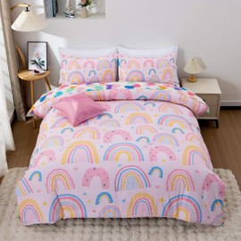 Btargot 5 Piece Twin Size Light Pink Rainbow Comforter Set for Girls Boys Kids, Cartoon Love Hearts Printed Bedding Set, Bed in a Bag with Comforter, Sheets and Pillowcases