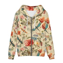 Irisjudy Vintage Dragonfly Floral Women's Hoodies Zip-Front Hooded Sweatshirt, Colorful Dragonflies Flowers Painting Comfortable Long Sleeve Jersey Jacket with Kangaroo Pockets