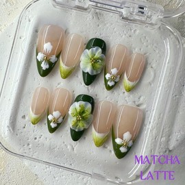 NailPhoria MID-FALL Collections 10PCS Handmade Press On Nails REUSABLE 3D GEL / Acrylic FALL 2024 - Design: Matcha Latte, Nail Bed Size: S