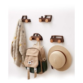 Vinoil Coat Hooks Wall Mounted – Walnut Car-Shaped Coat Hangers for Kids’ Room, Nursery, Entryway – 4 Pack Wooden Coat Rack for Hanging Hats, Bags, and Clothes