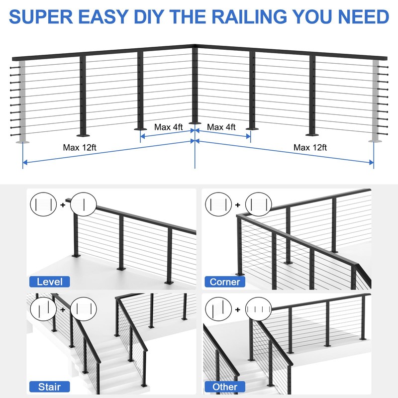 PLANTOP 35" Stainless Steel Corner Cable Railing Post, Black Top