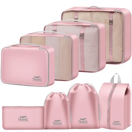MOFELON Suitcase Organiser - 8 Pieces, Packing Cubes, Packing Cubes for Backpack, Travel Organiser Packing Bags Set with Clothes Bags, Shoe Bag, Laundry Bag, Cosmetic Bag, Travel Gadgets, Pink