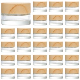 Toyosport 32 Pcs 5 ml/0.17 oz Clear Glass Cosmetic Jars with Natural Wood Grain Lids, Small Refillable Travel Cream Containers, Empty Sample Bottles for Lotions, Eye Cream, Balms, DIY Beauty