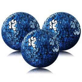 Yazikisa 8.5 cm Glass Mosaic Balls Blue Decorative Glass Balls for Bowls Crackling Sphere Solid Globe Bowls Vases Filler Tables Festive Party Home Decoration Pack of 3