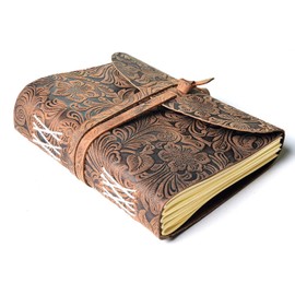Hudson & James Handmade Leather Journal Writing Notebook Travel Diary Bound Daily Notepad For Men & Women Unlined Paper Medium, writing pad for artist, sketch 7x5 Inch (Distressed Flower Brown)