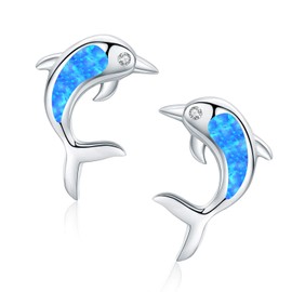 TANGPOET Dolphin Earrings 925 Sterling Silver Opal Stud Earrings for Women Dolphin Studs Earring Valentines Day Jewellery Gifts for Girls Ladies Friends Kids Children