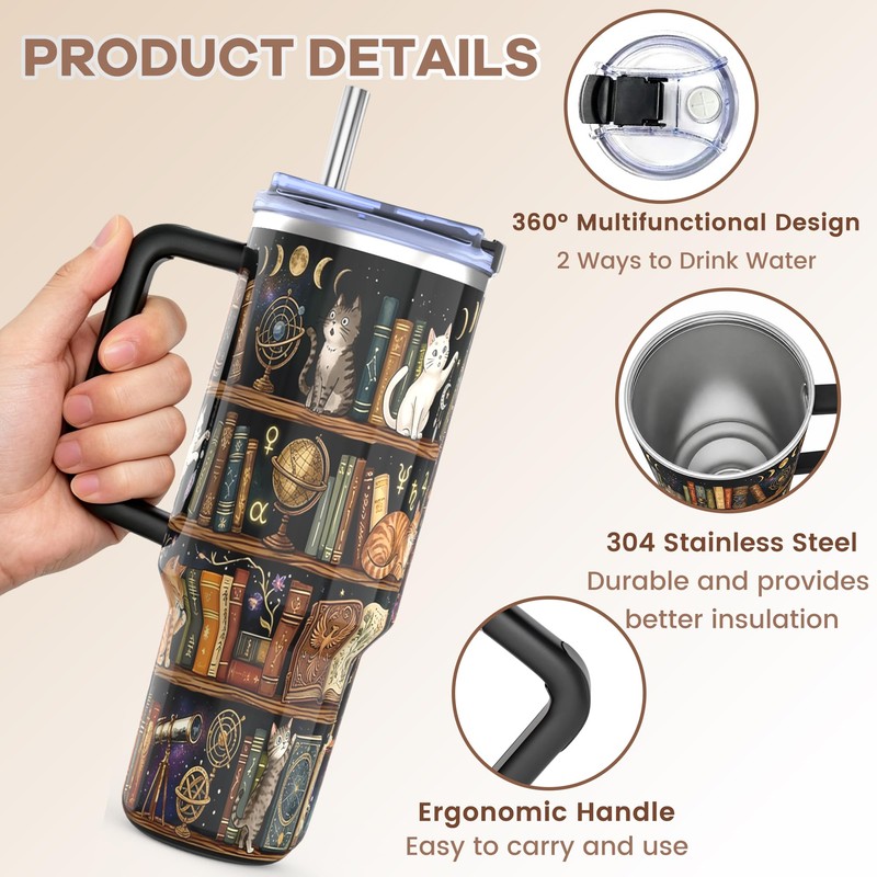 Book Lovers 40Oz Cat Tumbler with Handle and Straw, Stainless