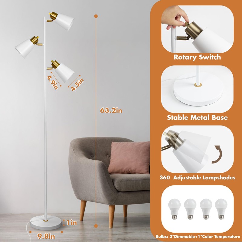 Tree Floor Lamp for Living Room, Industrial 3-Light Standing Lamp