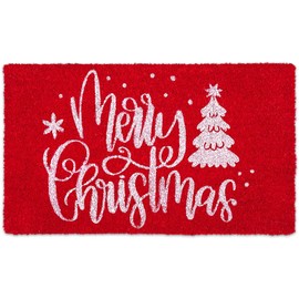 AnyDesign Merry Christmas Door Mats Natural Coir Doormat Red White Non-Slip Floor Mats Xmas Tree Printed Decorative Entrance Door Rugs for Christmas Indoor Outdoor Bathroom Decoration, 16.5 x 29 Inch