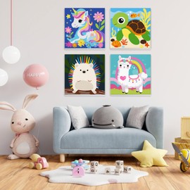 Pack of 4 Paint by Numbers with Frame, Cartoon Unicorn, Baby Turtle, Hedgehog, Fluffy Llama, Painting by Numbers for Children from 7 5 10, Brush and Acrylic Paints, Gift Girls 9 Years, 20 x 20 cm