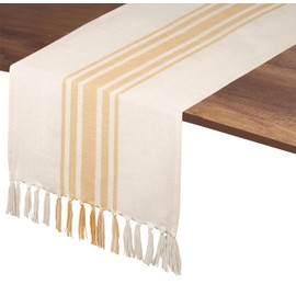 Native Fab Yellow Table Runner 72 Inches Long - Striped Table Cover with Fringes - 100% Cotton, Soft, Tight Weave, Non Slip Tablerunner for Dining, Wedding - Pale Yellow, White (14x72 inches)