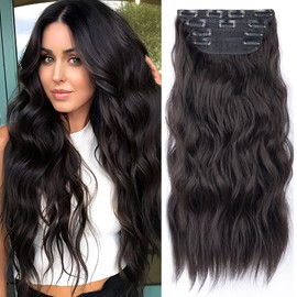 Clip in Synthetic Hair Extensions Long Wavy 4PCS Thick Hairpieces Dark Brown Fiber Double Weft Natural Hair Extensions 20 Inch for Women (4pcs, 20Inch, 6A#)