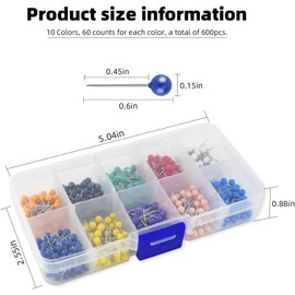 600 Pieces Push Pins Map Pins with Colored Head Map Tacks with Point Assorted Colors Stainless Steel Small Round Head Marking Pins for Bulletin Cork Board Fabric Craft DIY Office Home (10 Colors)