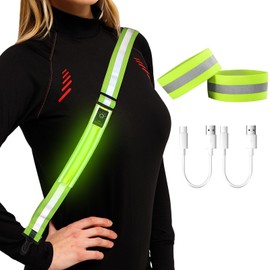 Jesiah LED Reflective Running Gear, 3 Light Modes High Visibility Reflective Belt Sash with 2 Armbands Night Safety Belt Adjustable Light Up Safety Running Belt for Runners Walkers Walking at Night
