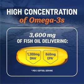 Triple Strength Omega 3 Fish Oil 3600 mg | EPA & DHA | Over 2100mg Omega-3 Fatty Acids | 1300mg EPA + 860mg DHA | Best Essential Fatty Acids | Premium