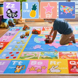 OHDS Kids Playroom Rugs - 4x5 ABC Alphabet, Numbers, Shapes and Map Educational Classroom Rug Learning & Fun Game Play Mat Preschool Kids Playmat for Todder Children Nursery