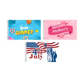 Set of 3 Seasonal Garden Flag - Hello Summer Banner Holiday Flags 3x5 Outdoor Lawn Yard Decor Outside House - Happy Mothers Day Decorations Clearance, 4th of July Flag Freedom