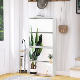 AODAILIHB White Shoe Cabinet for Entryway Slim, Narrow Freestanding Shoe Rack with 4 Flip Drawers&Mirror, Wood Shoe Storage Organizer for Closet, Apartment, and Corridor (Mirror Cabinet)