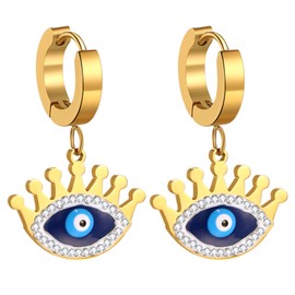 Flongo Women's Turkish Eye Earrings: Evil Eye Gold Hoop Dangling Huggie Hoop Earrings Large Statement Stud Earrings Tassels Charm Chunky Evil Eye Stainless Steel Gold-Plated Golden Earrings Lucky