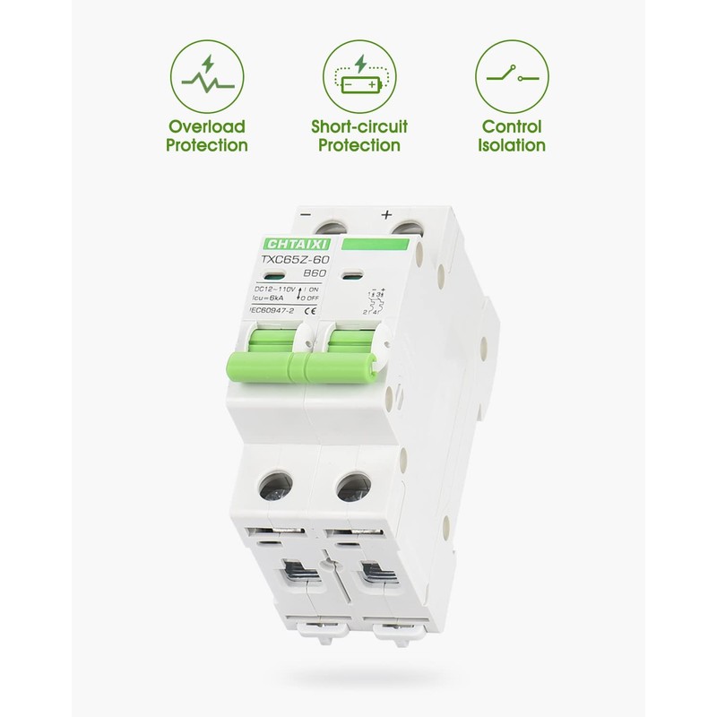 12V-110V DC Miniature Circuit Breaker, 60 Amp 2 Pole Battery