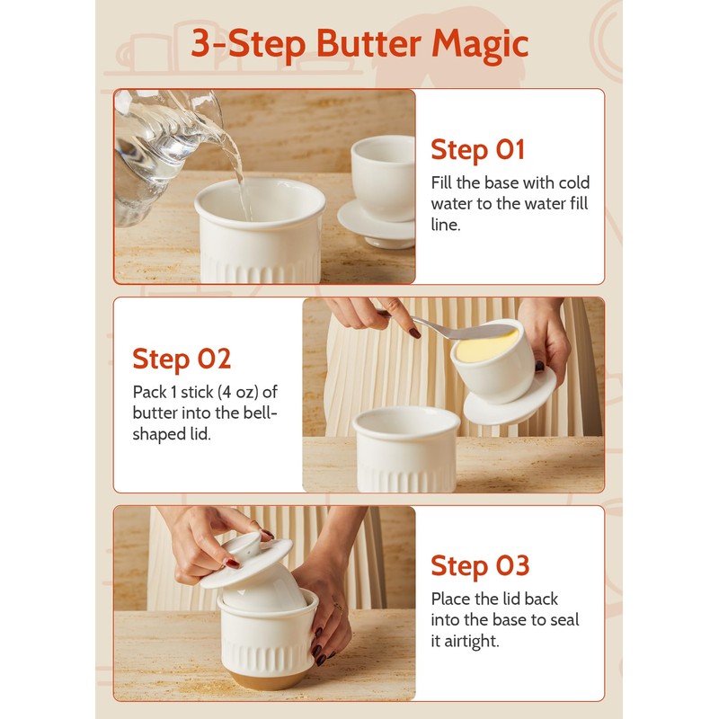 Sweese Embossed French Butter Crock with Water, Ceramic Butter Keeper