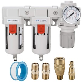 NANPU 3/8" NPT Air Drying System - Double Air Filters, Air Pressure Regulator Combo - Semi-Auto Drain, Poly Bowl