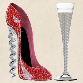 CafePress Red Sparkle Corkscrew Stiletto And Champagne Flute Natural Canvas Tote Bag, Reusable Shopping Bag