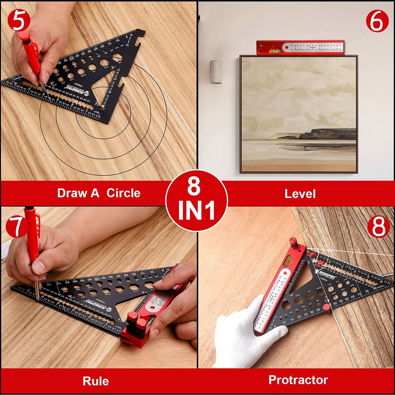 8 in 1 Rafter Square with Carpenter Pencil, 7in Multi-Purpose