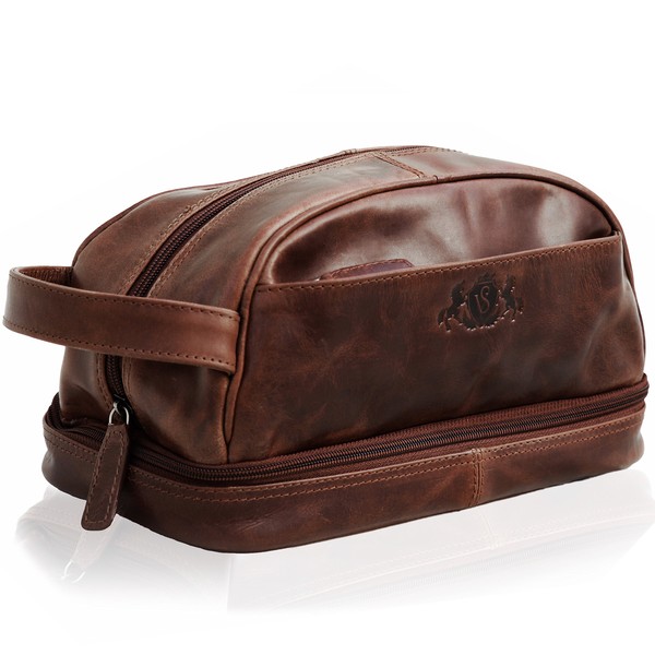 SID & VAIN Alex Men's Toiletry Bag Made of Premium Leather, Large Wash Bag for Men, Brown, Handmade, Brown cognac, l, Toiletry bag