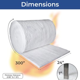 Ceramic Fiber Insulation - 25' x 24" x 1" (Thick) - High Density 2400F (1315C) - Fireproof Insulation Baffle for Stoves, Furnaces, Forges, Kilns, Boilers, Pizza Ovens - Dishwasher Insulation Blanket