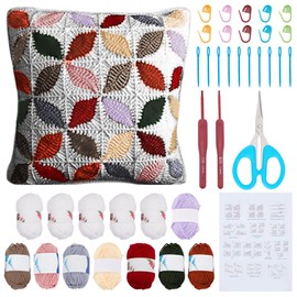 WEBEEDY DIY Crochet Kit for Beginners,Square Crochet Pillow Starter Kit with Step-by-Step Video Tutorials for Adults,DIY Throw Pillow Cover Needlework Craft for Home Sofa Decor Xmas Gift(Leaf)