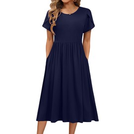 HOTOUCH Women Short Sleeve Casual Dresses Crewneck Solid Color Knee Length Beach Sundress with Pockets Trapeze Dresses,Navy,Small