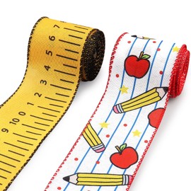 Hying 2 Rolls Back to School Ribbons - 2.5"10 Yards Wired Edge Yellow Burlap Pencil Apple Craft Ribbons for Gift Wrapping & Classroom Decorations