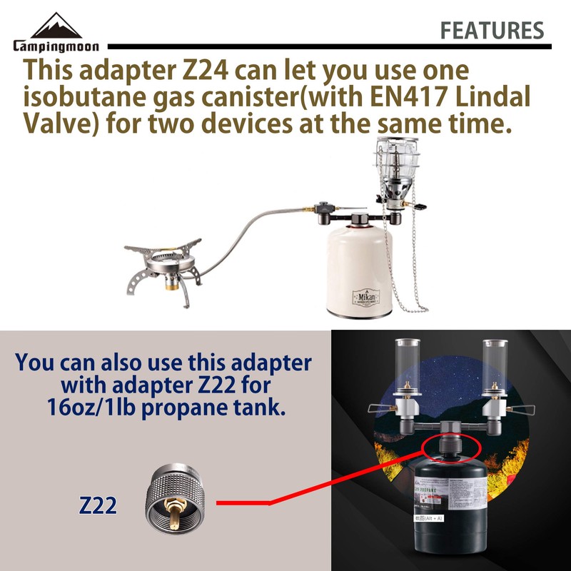 CAMPINGMOON 2 Outlet Adapter for EN417 Lindal Valve Canister Device