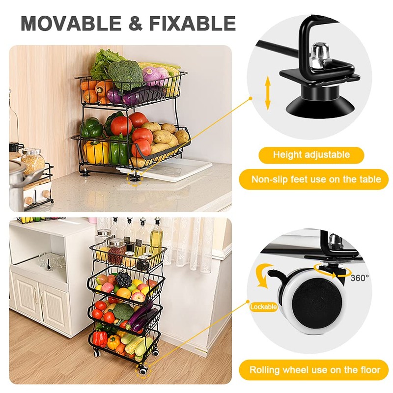 Fruit Vegetable Storage Basket, 4 Tier Stackable Metal Wire Storage
