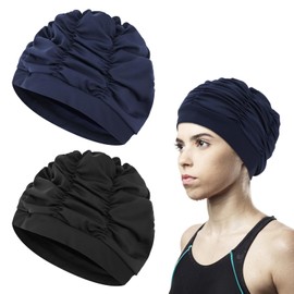 Bekecidi 2 Pack Swim Caps, Women Ear-protecting Nylon Cloth Swimming Cap Elastic Anti-Slip Swim Cap, Black and Navy Blue