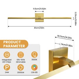 CCYCOL Modern Bathroom Light Fixtures Over Mirror 32 inch Brushed Gold Vanity Light Bar for Bathroom 24W LED Dimmable Vanity Lighting Fixture 3500K