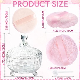 Large Body Powder Puff and Container, Glass Jar Dusting Powder Container with 2 Pcs Soft Large Dusting Powder Puff and Powder Spoon, Crystal Powder Container for Women Body Puff (Transparent)