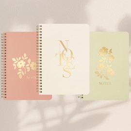 Cute Journal Notebooks Set of 3 with Gold Foil Embossment College Ruled - Aesthetic, Floral and Modern Journals for Women - A5 Spiral Notebook - 100 Pages 8.25 x 6 Inches.