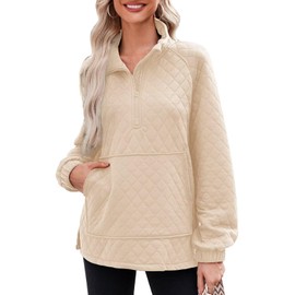 Dokotoo Womens Oversized Sweatshirt Quilted Jackets for Women Half Zip Sweatshirts Long Sleeve Quarter Zip Pullover Hoodies Sweaters Airport Outfits Casual Loose Fit Sweatshirts with Pockets Apricot M