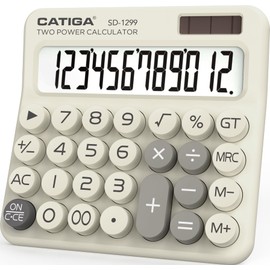 CATIGA Mechanical Switch Calculator with Solar and Battery Dual Power, 12-Digit Large LCD Display, Aesthetic and Cute Desktop Calculator with Big Button, for Home, School and Office Use, SD-1299