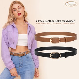 2 Pack JASGOOD Women's Leather Belts for Jeans Pants Dress Fashion Ladies Waist Belt with Gold Buckle